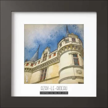 Magnifique cadre avec photo du château d'Azay-Le-Rideau dans le Val de Loire. Finition du cadre noir MAT de forme carré (24x24x1,5cm). Photo imprimée sur du papier 170g.