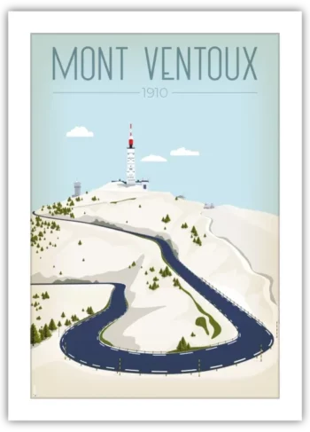 Illustration vectorielle épurée du Mont Ventoux par DesignByMathieu, montrant la route en lacets menant au sommet et à son observatoire blanc et rouge sous un ciel bleu clair.