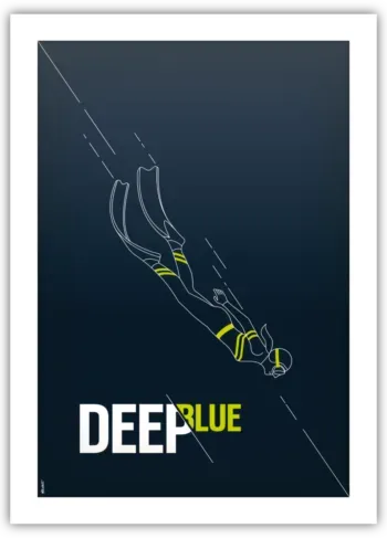 Illustration vectorielle minimaliste DeepBlue Apnée. Silhouette blanche d'apnéiste plongeant dans un fond bleu profond dégradé, avec traits de mouvement dynamiques. Texte 